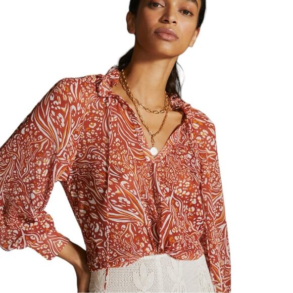 Anthropologie Sheer Printed Peasant Blouse Orange Cream XXS - Picture 15 of 15